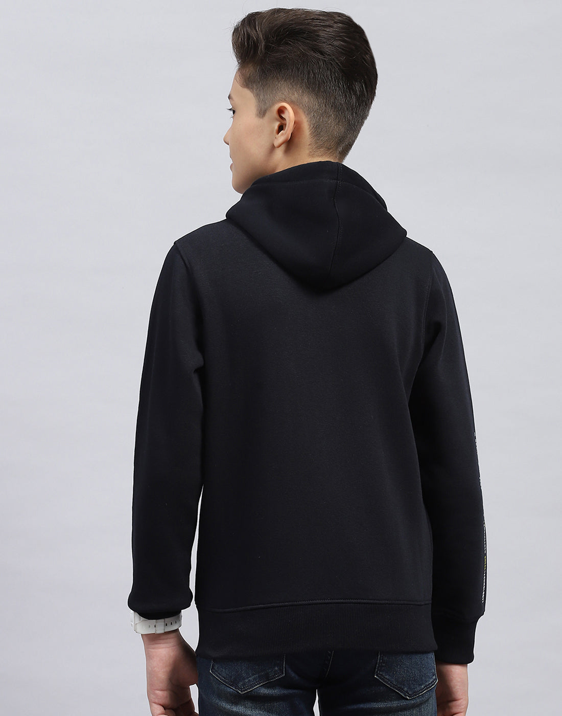 Boys Navy Blue Printed Hooded Full Sleeve Sweatshirt