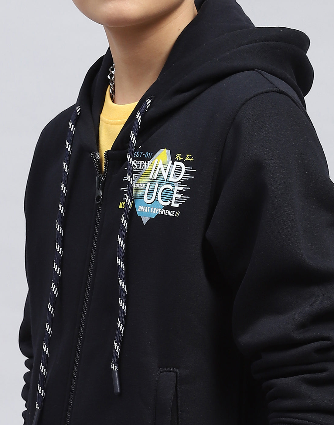 Boys Navy Blue Printed Hooded Full Sleeve Sweatshirt