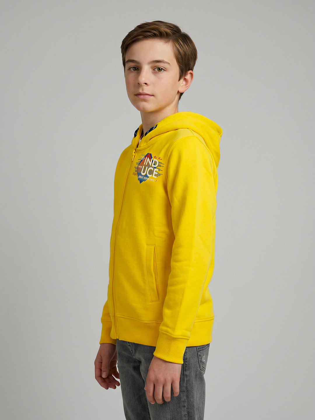 Boys Yellow Printed Hooded Full Sleeve Sweatshirt