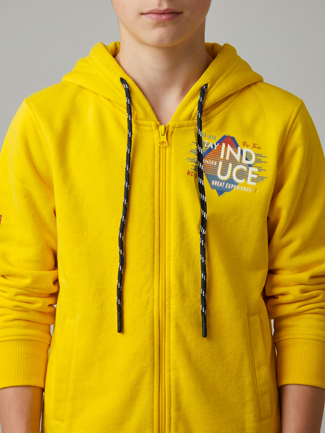 Boys Yellow Printed Hooded Full Sleeve Sweatshirt