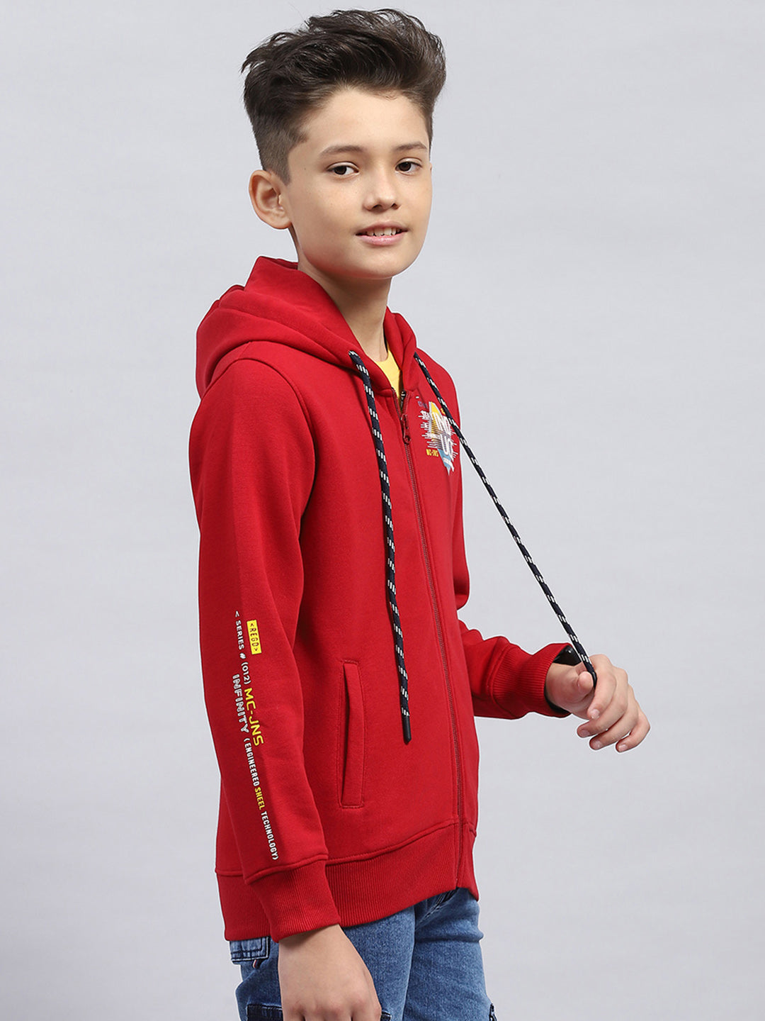 Boys Maroon Printed Hooded Full Sleeve Sweatshirt