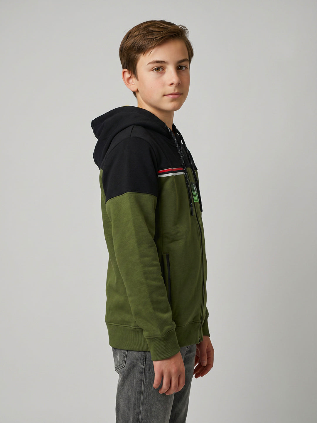 Boys Green Printed Hooded Full Sleeve Sweatshirt