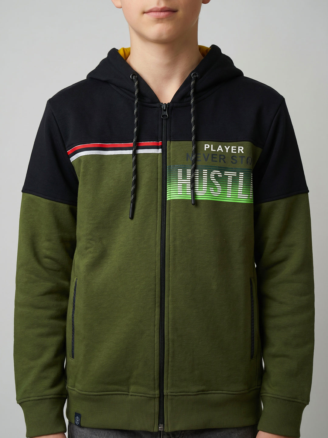 Boys Green Printed Hooded Full Sleeve Sweatshirt