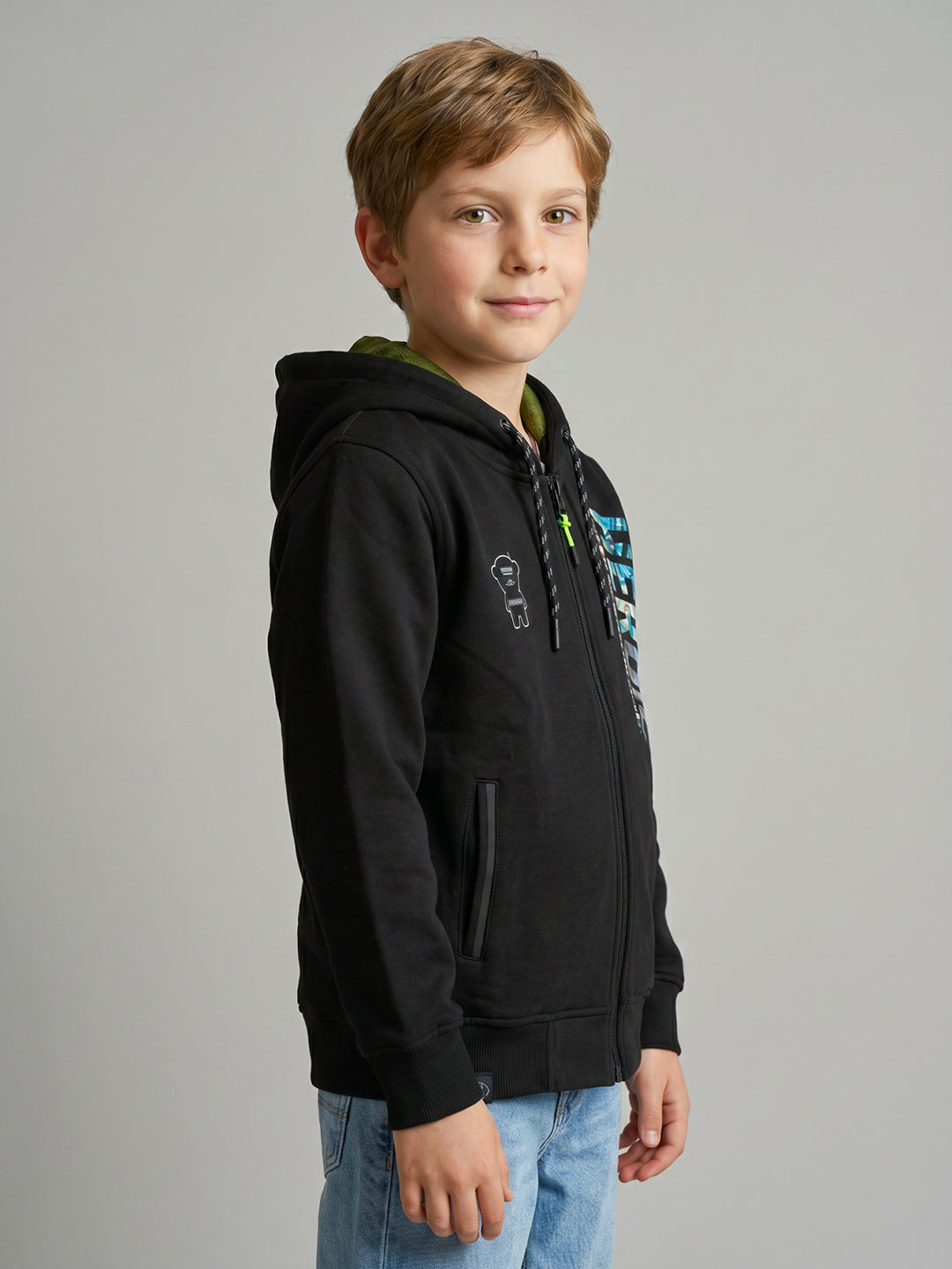 Boys Black Printed Hooded Full Sleeve Sweatshirt