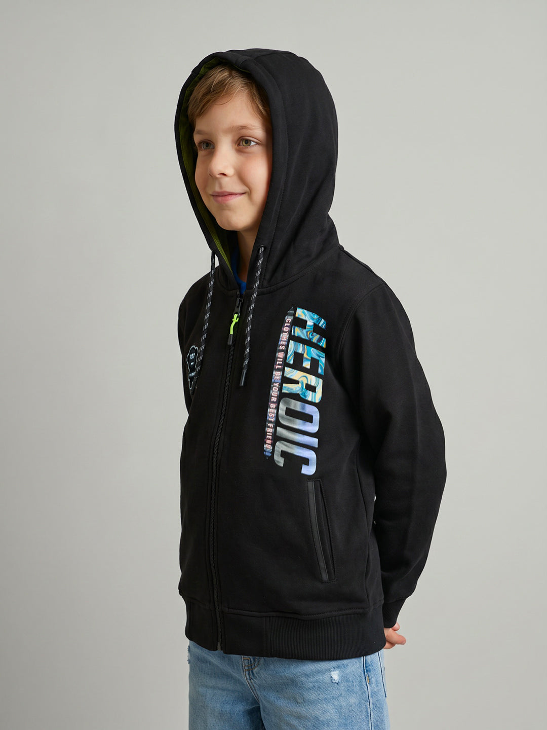 Boys Black Printed Hooded Full Sleeve Sweatshirt