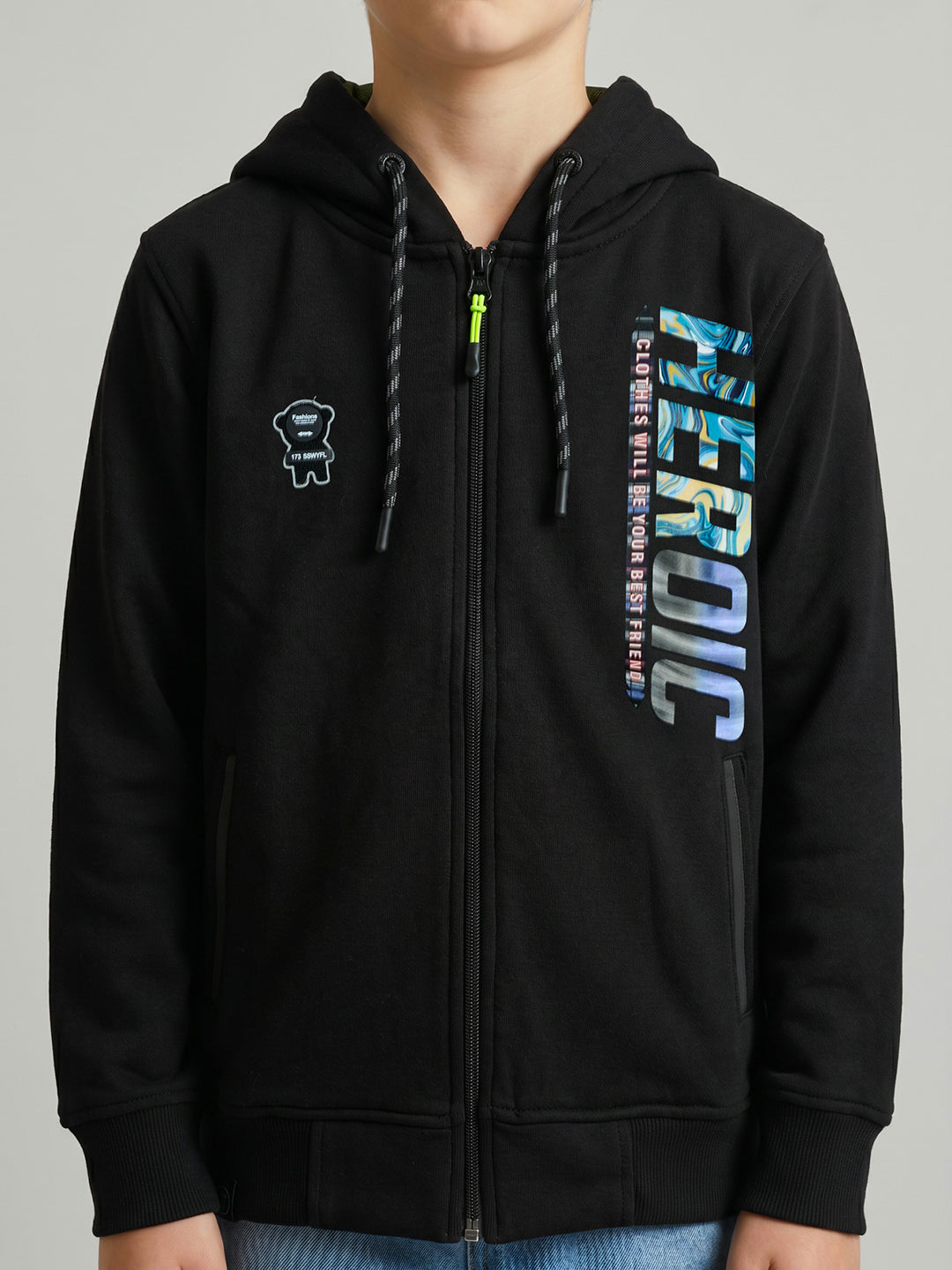 Boys Black Printed Hooded Full Sleeve Sweatshirt