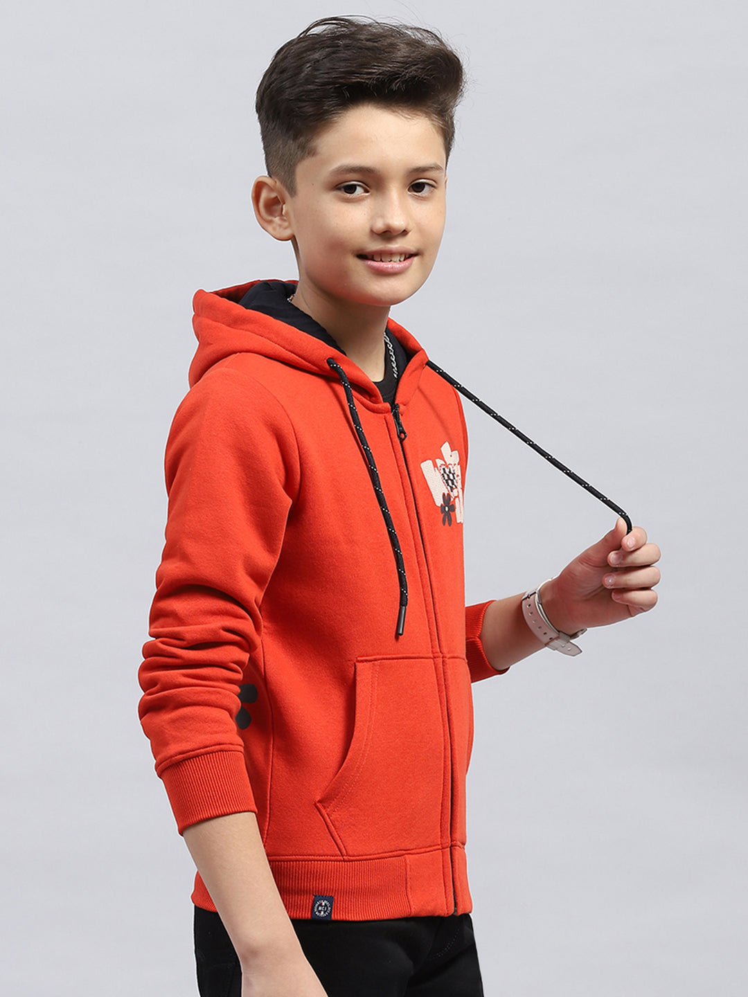 Boys Orange Printed Hooded Full Sleeve Sweatshirt