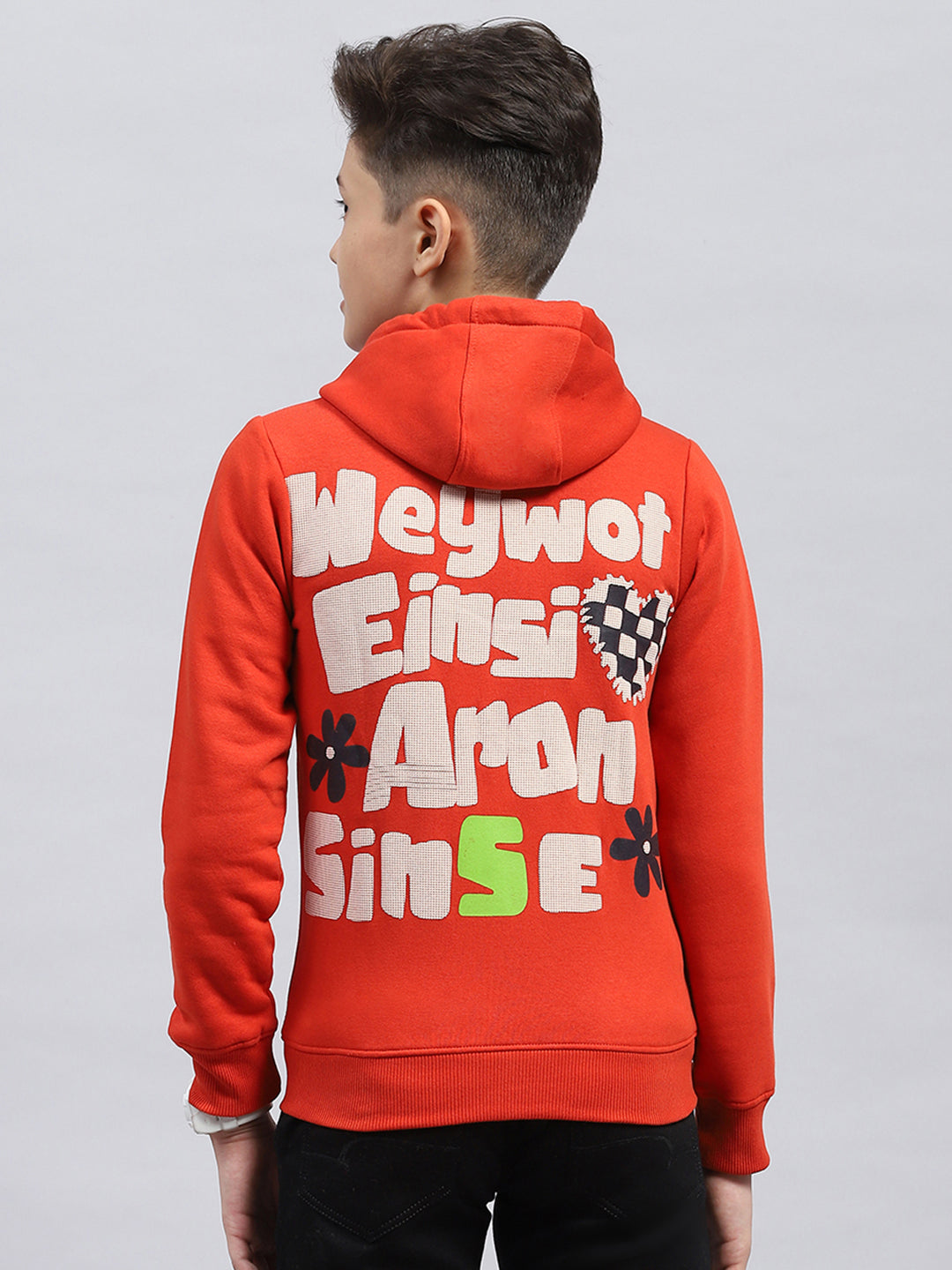 Boys Orange Printed Hooded Full Sleeve Sweatshirt