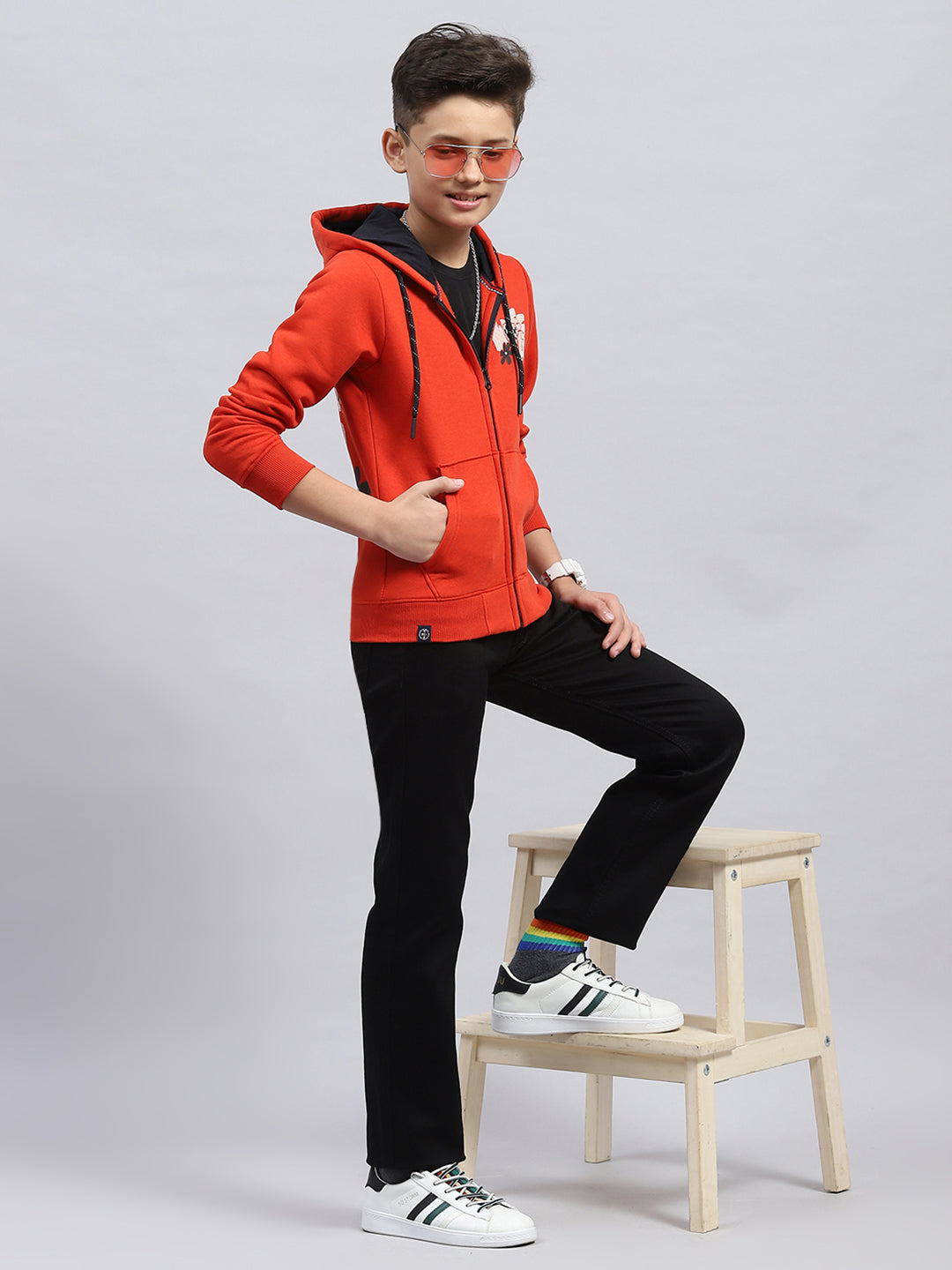 Boys Orange Printed Hooded Full Sleeve Sweatshirt