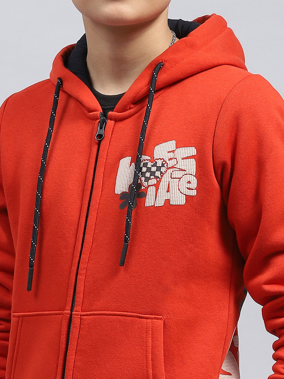 Boys Orange Printed Hooded Full Sleeve Sweatshirt