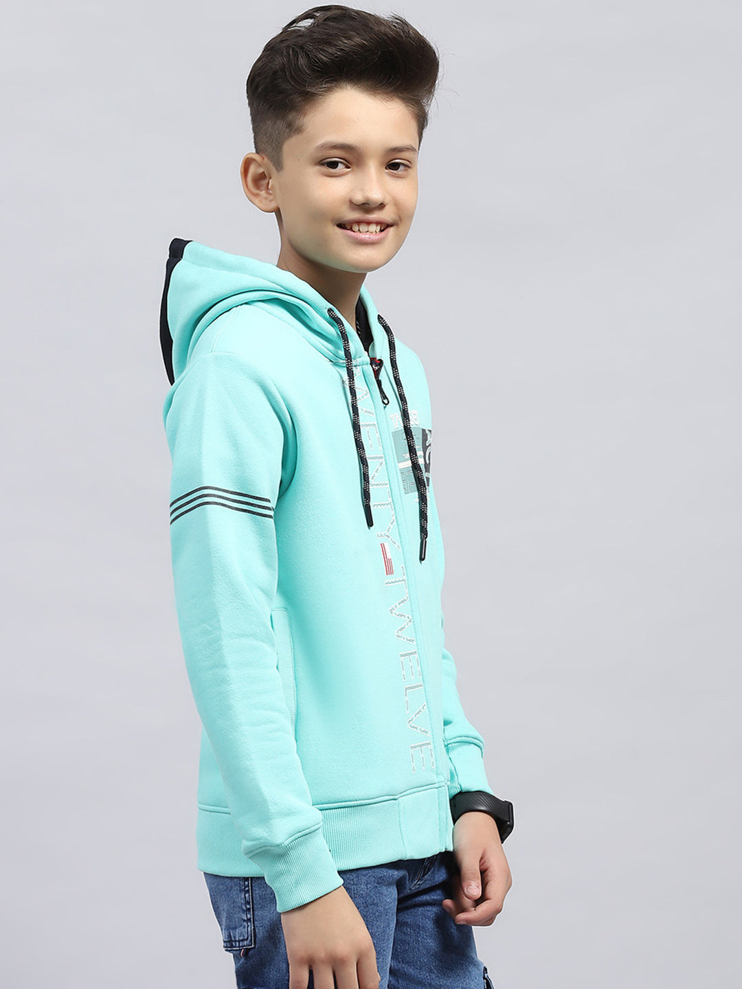 Boys Turquoise Blue Printed Hooded Full Sleeve Sweatshirt