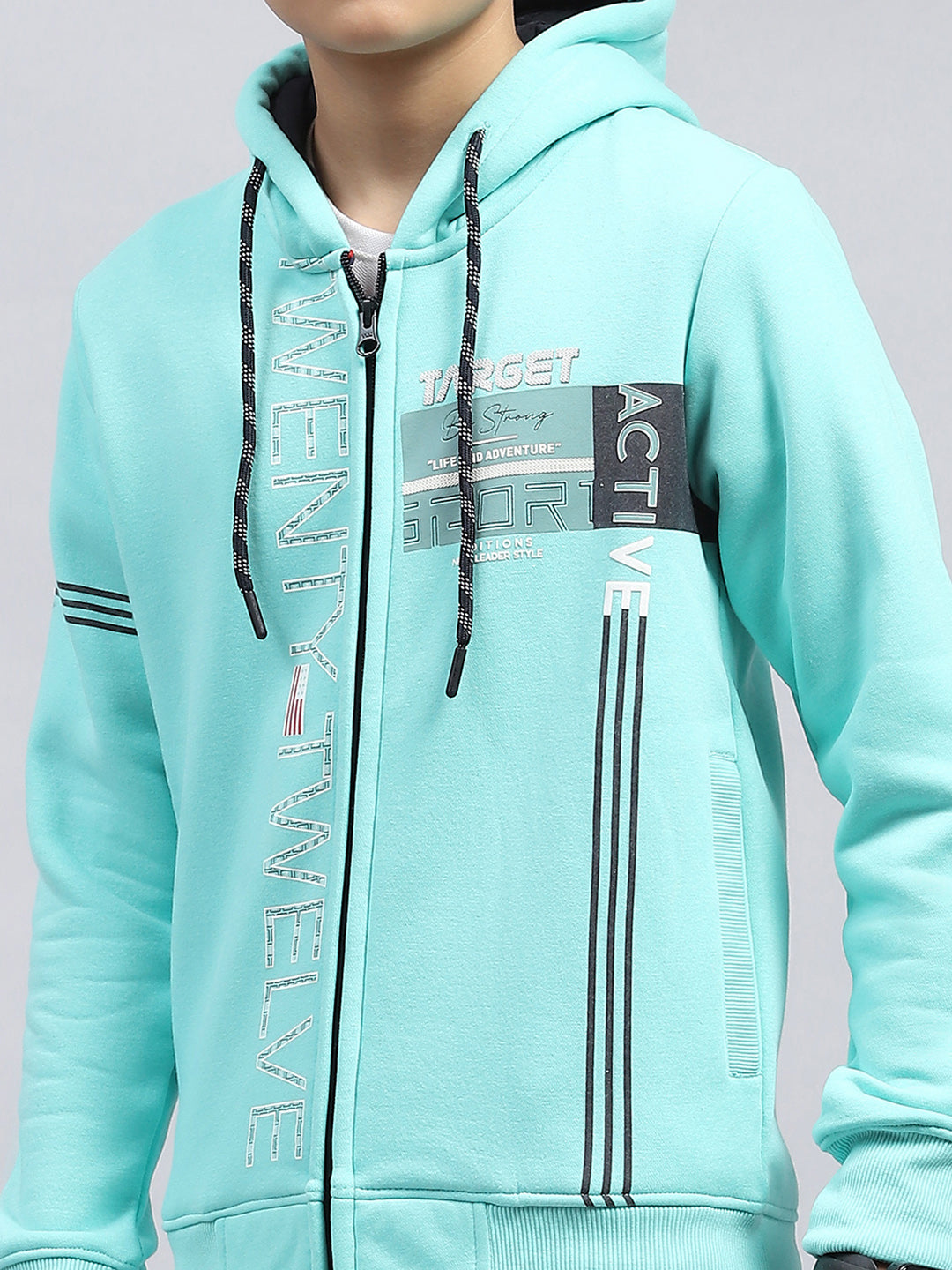 Boys Turquoise Blue Printed Hooded Full Sleeve Sweatshirt