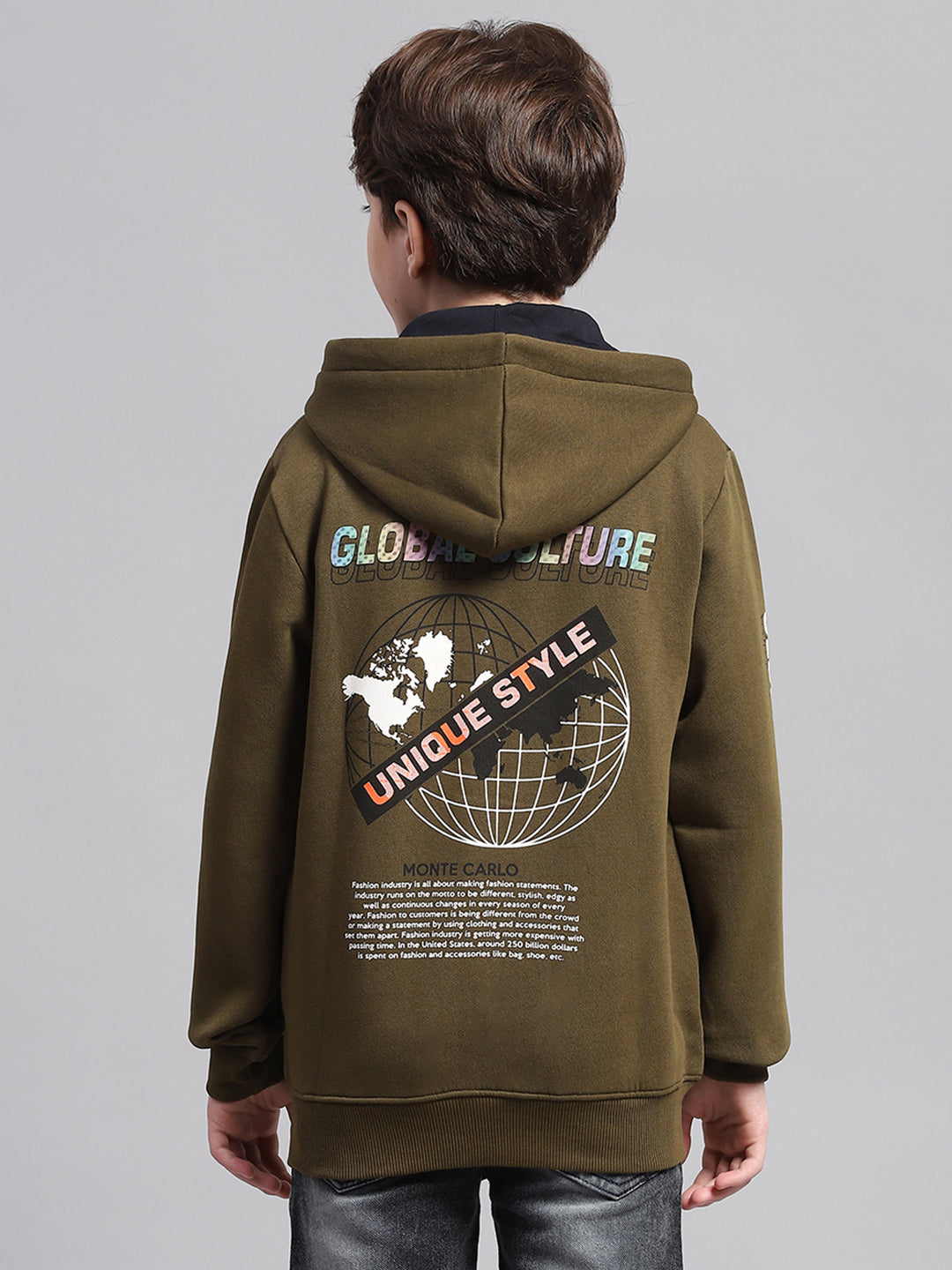 Boys Olive Printed Hooded Full Sleeve Sweatshirt