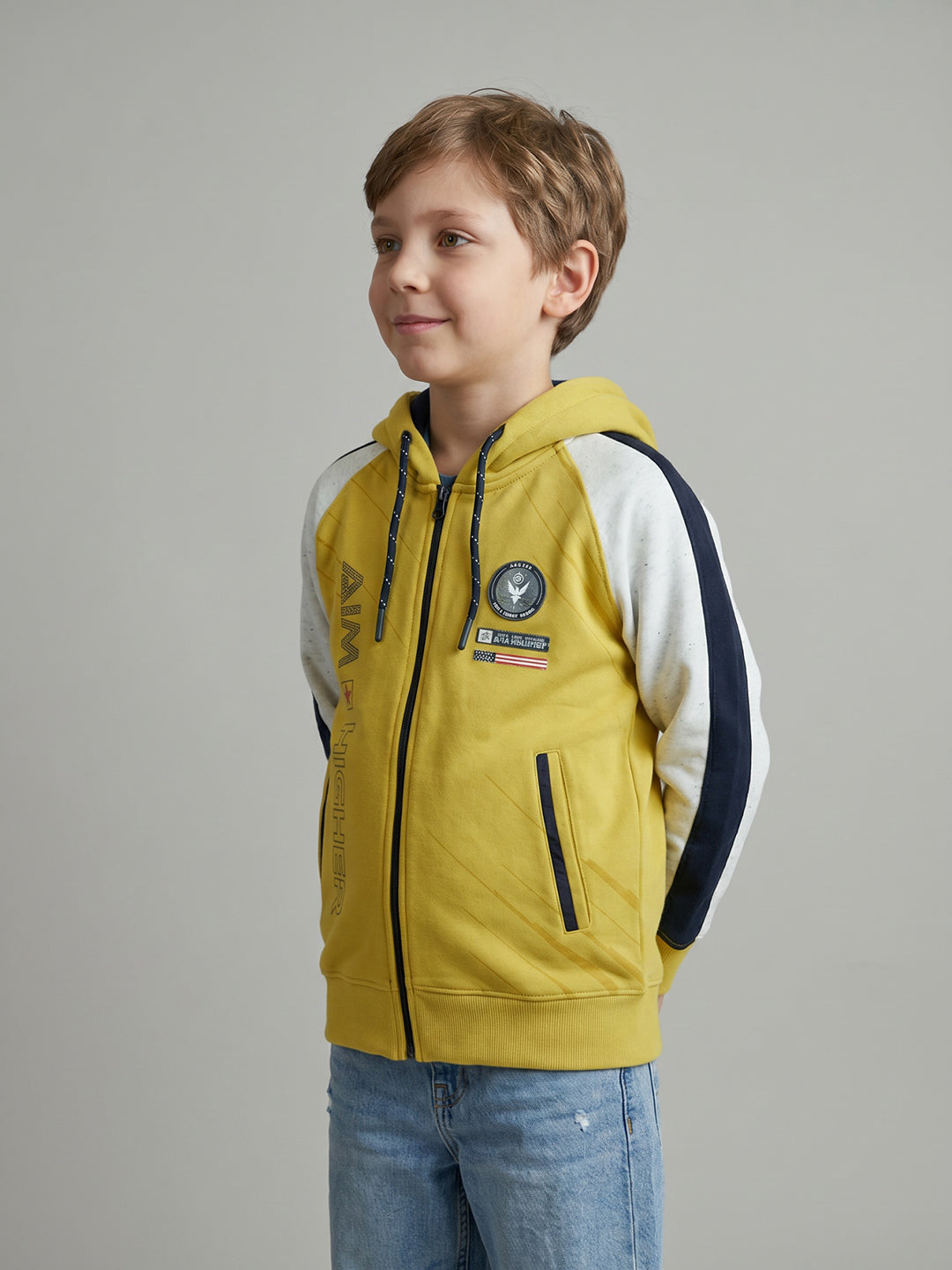 Boys Yellow Printed Hooded Full Sleeve Sweatshirt
