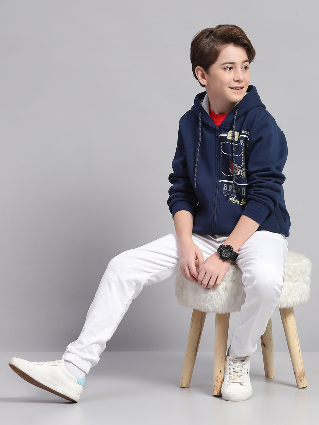 Boys Blue Printed Hooded Full Sleeve Sweatshirt