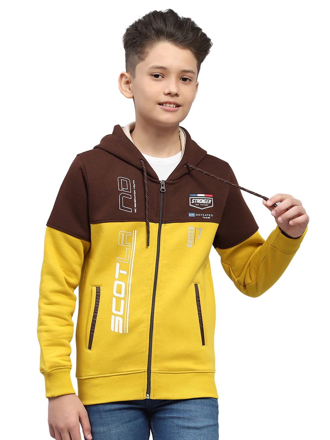Boys Mustard Printed Hooded Full Sleeve Sweatshirt