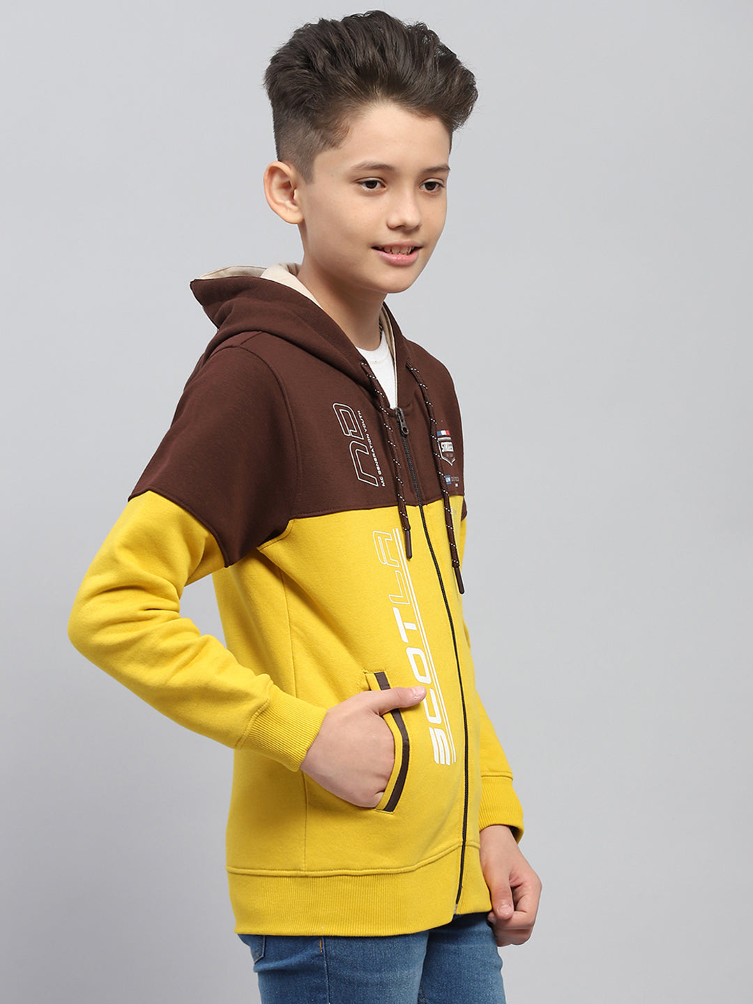 Boys Mustard Printed Hooded Full Sleeve Sweatshirt