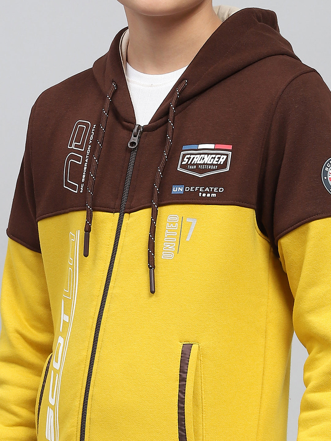 Boys Mustard Printed Hooded Full Sleeve Sweatshirt