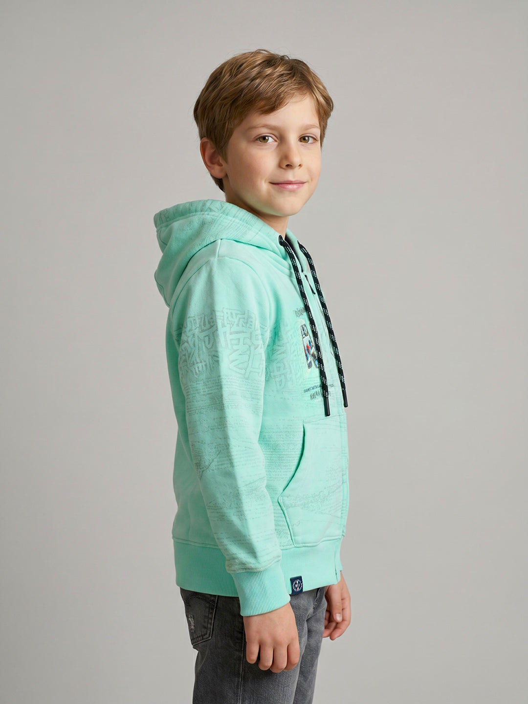 Boys Blue Printed Hooded Full Sleeve Sweatshirt