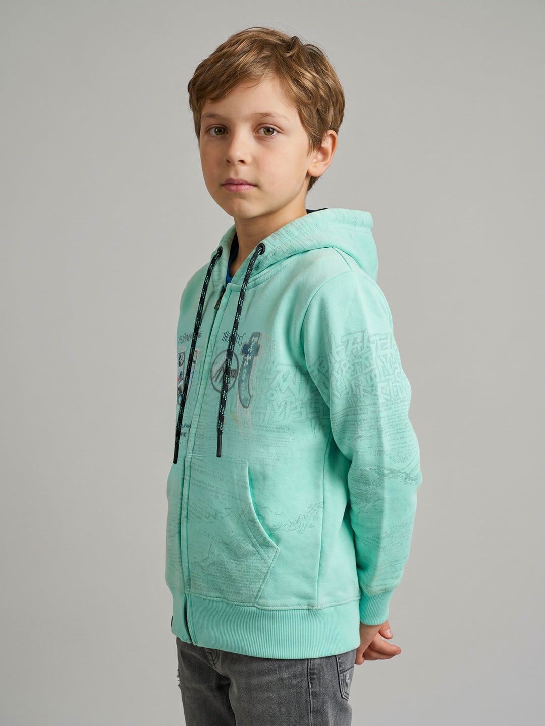 Boys Blue Printed Hooded Full Sleeve Sweatshirt