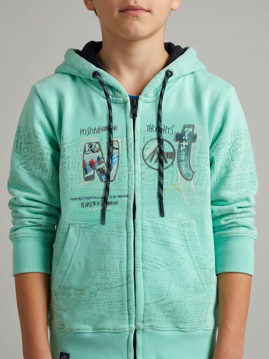 Boys Blue Printed Hooded Full Sleeve Sweatshirt