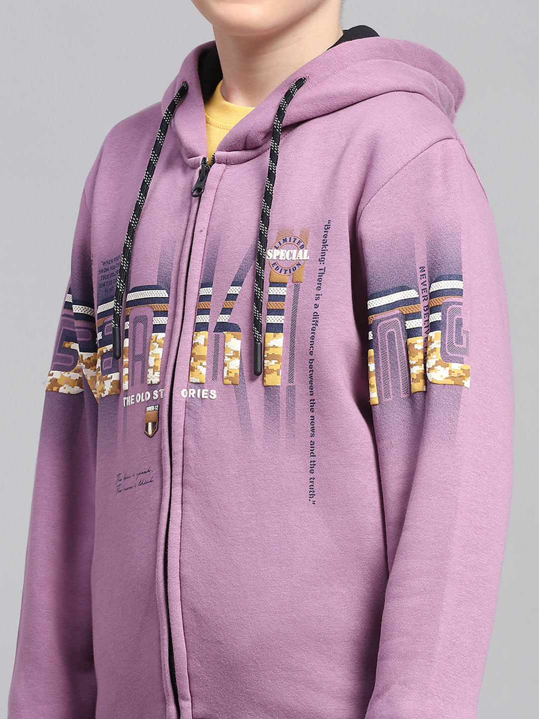 Boys Mauve Printed Hooded Full Sleeve Sweatshirt