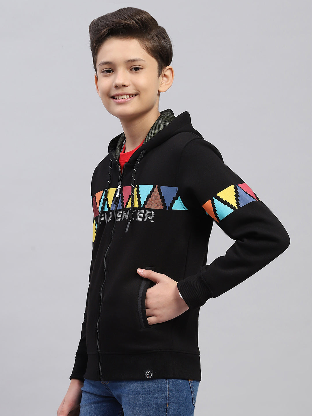 Boys Black Printed Hooded Full Sleeve Sweatshirt