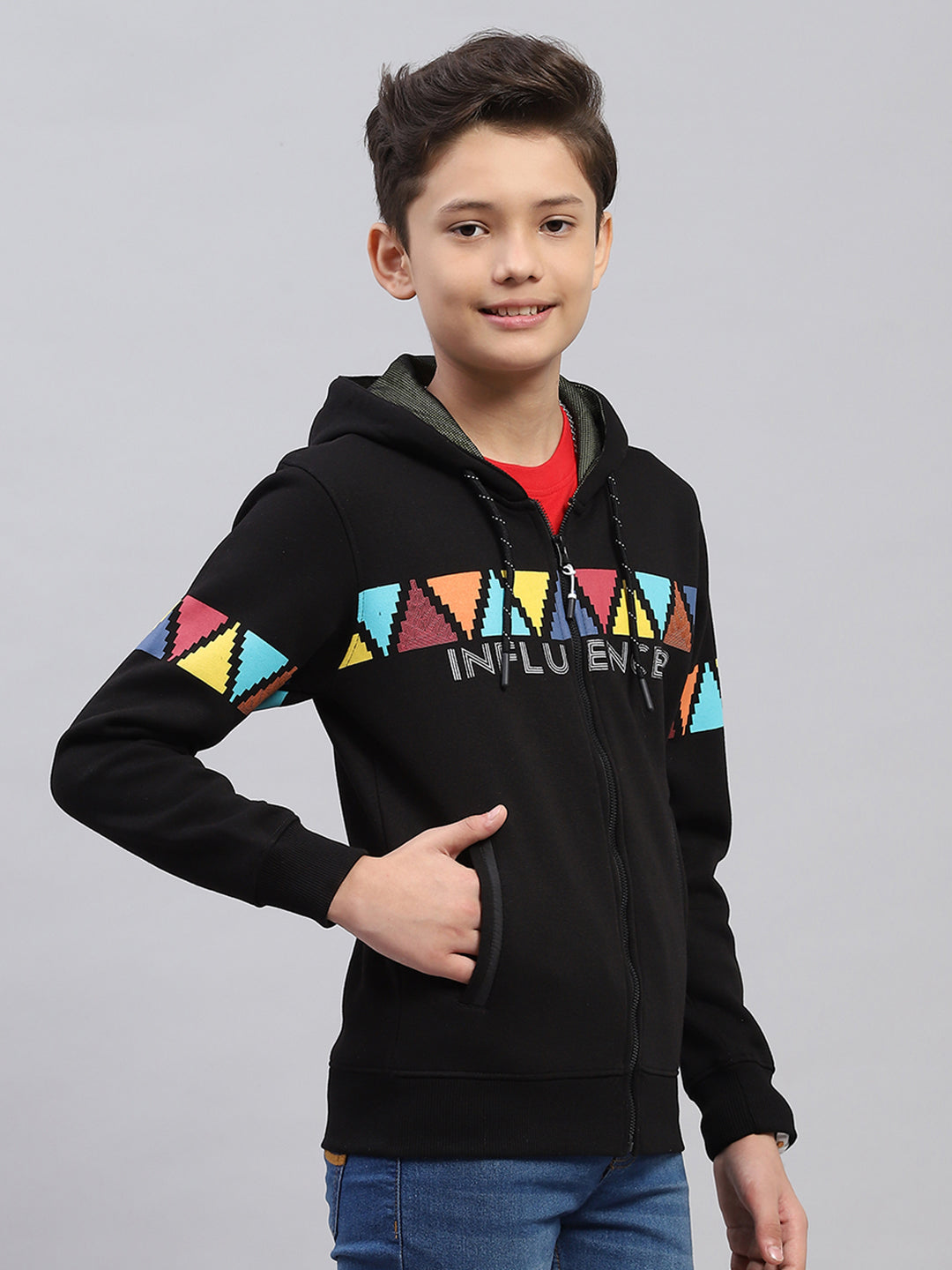Boys Black Printed Hooded Full Sleeve Sweatshirt