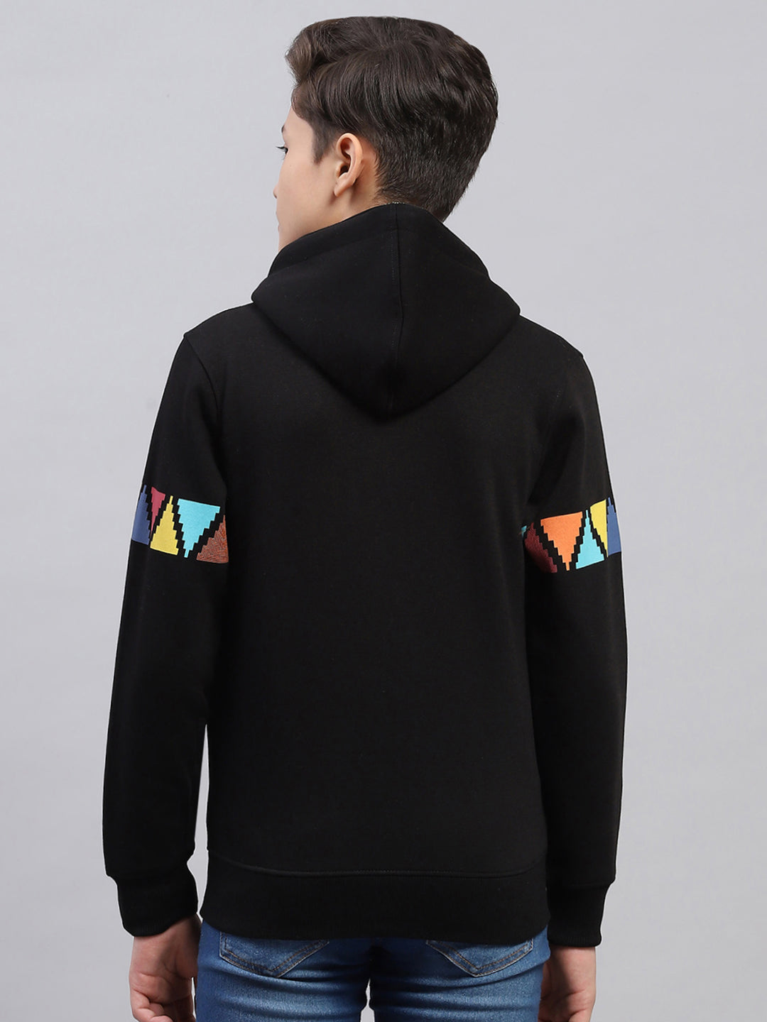 Boys Black Printed Hooded Full Sleeve Sweatshirt