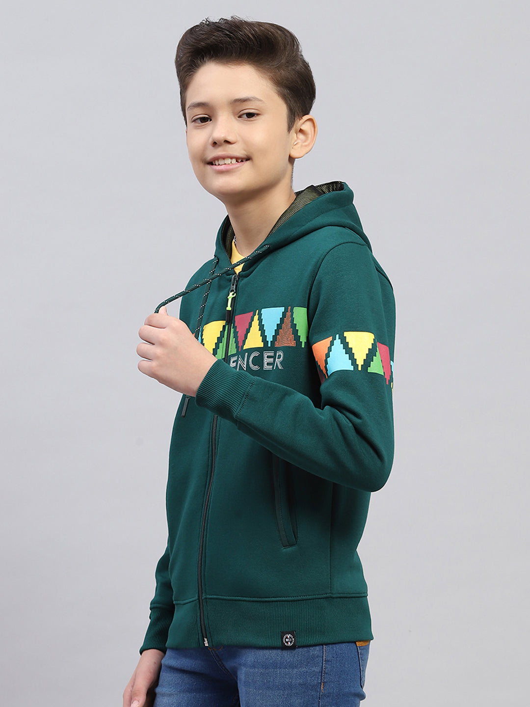 Boys Bottle Green Printed Hooded Full Sleeve Sweatshirt