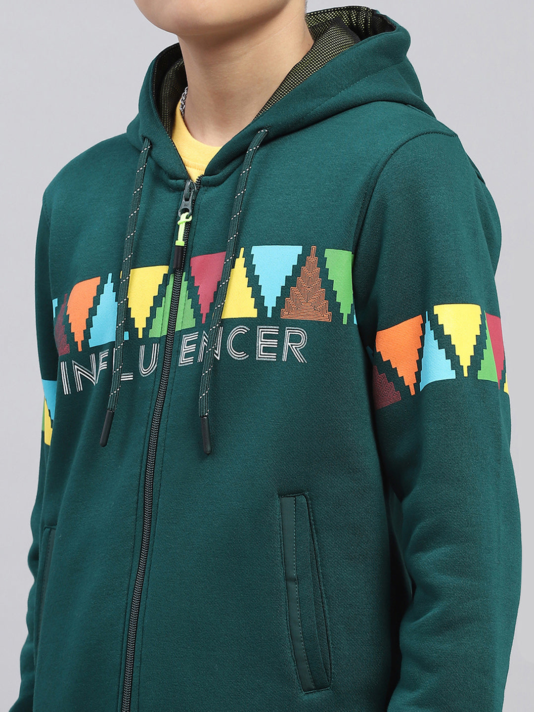 Boys Bottle Green Printed Hooded Full Sleeve Sweatshirt