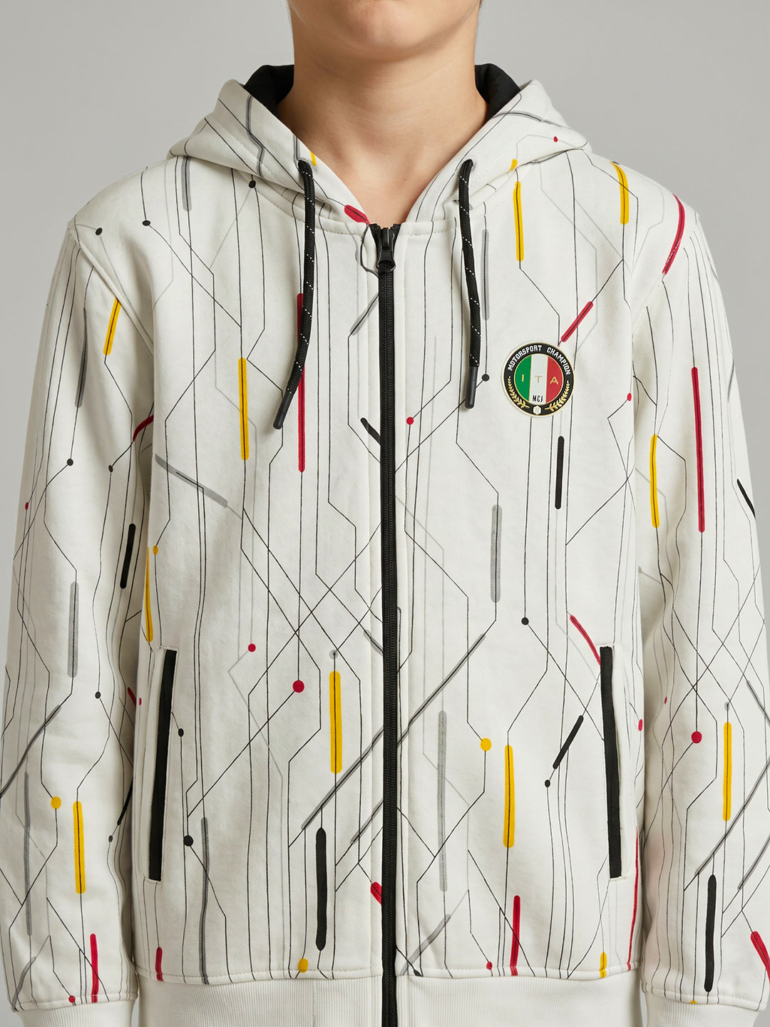 Boys White Printed Hooded Full Sleeve Sweatshirt