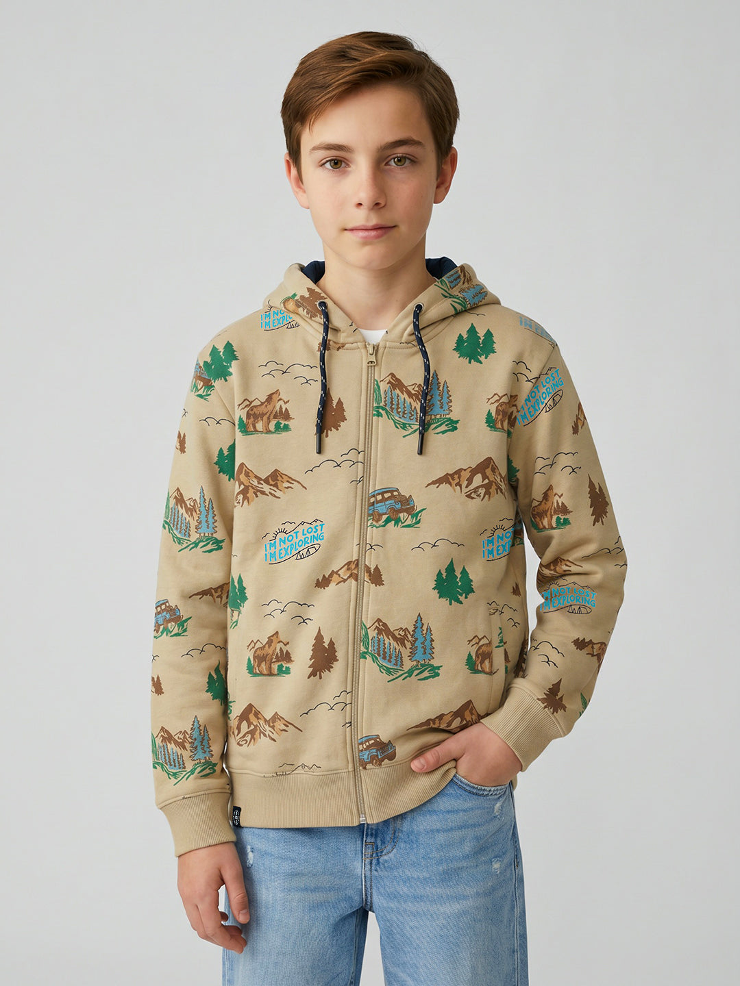 Boys Beige Printed Hooded Full Sleeve Sweatshirt