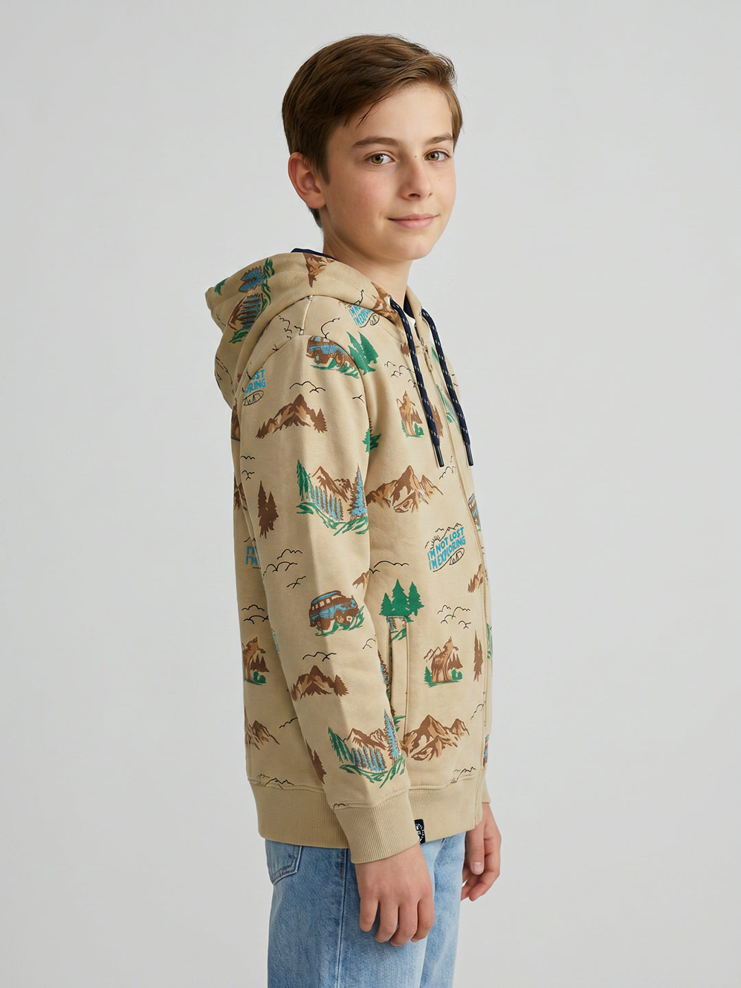 Boys Beige Printed Hooded Full Sleeve Sweatshirt
