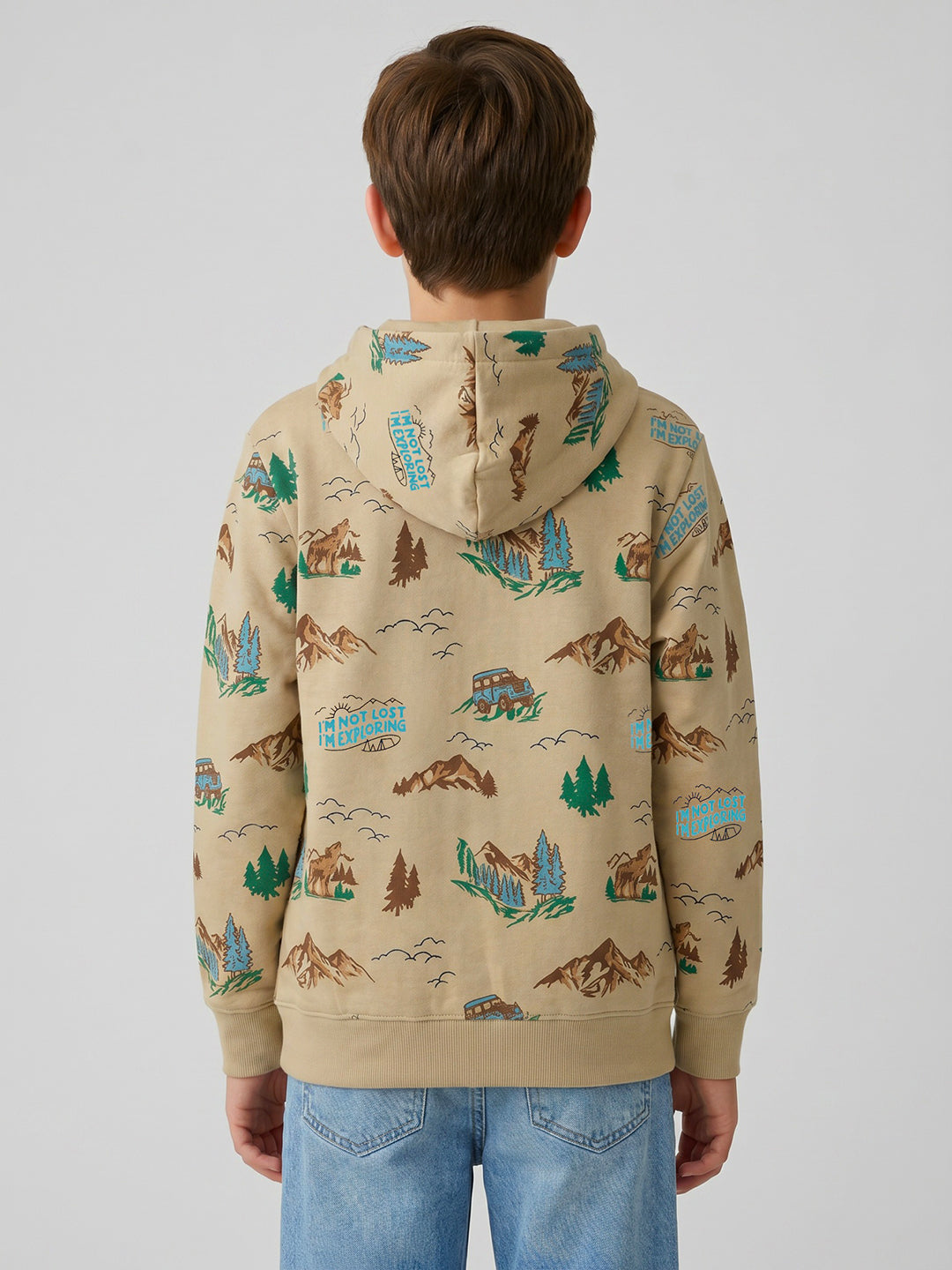 Boys Beige Printed Hooded Full Sleeve Sweatshirt