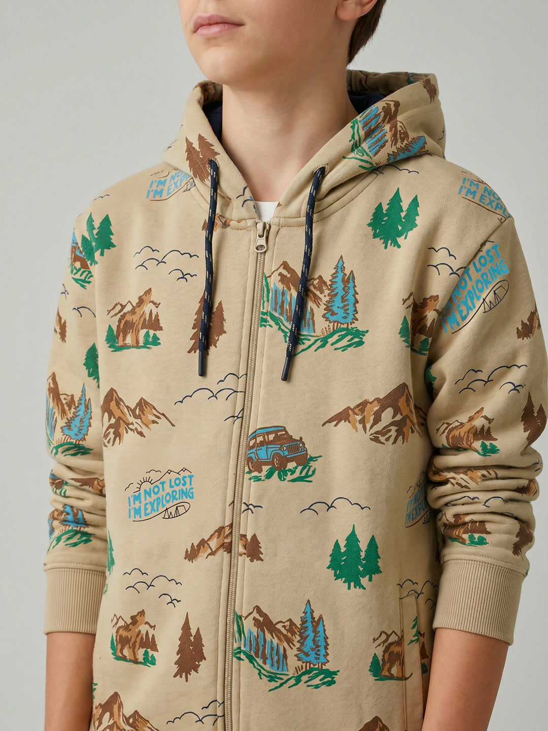Boys Beige Printed Hooded Full Sleeve Sweatshirt