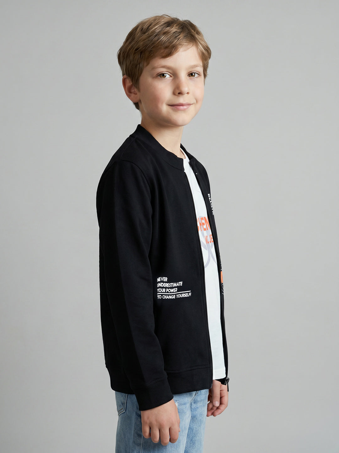 Boys Off White Printed Round Neck Full Sleeve Sweatshirt with T-Shirt