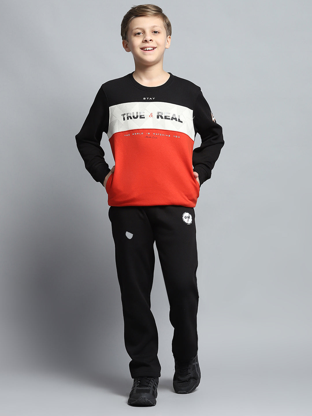 Boys Black Printed Round Neck Full Sleeve Tracksuit