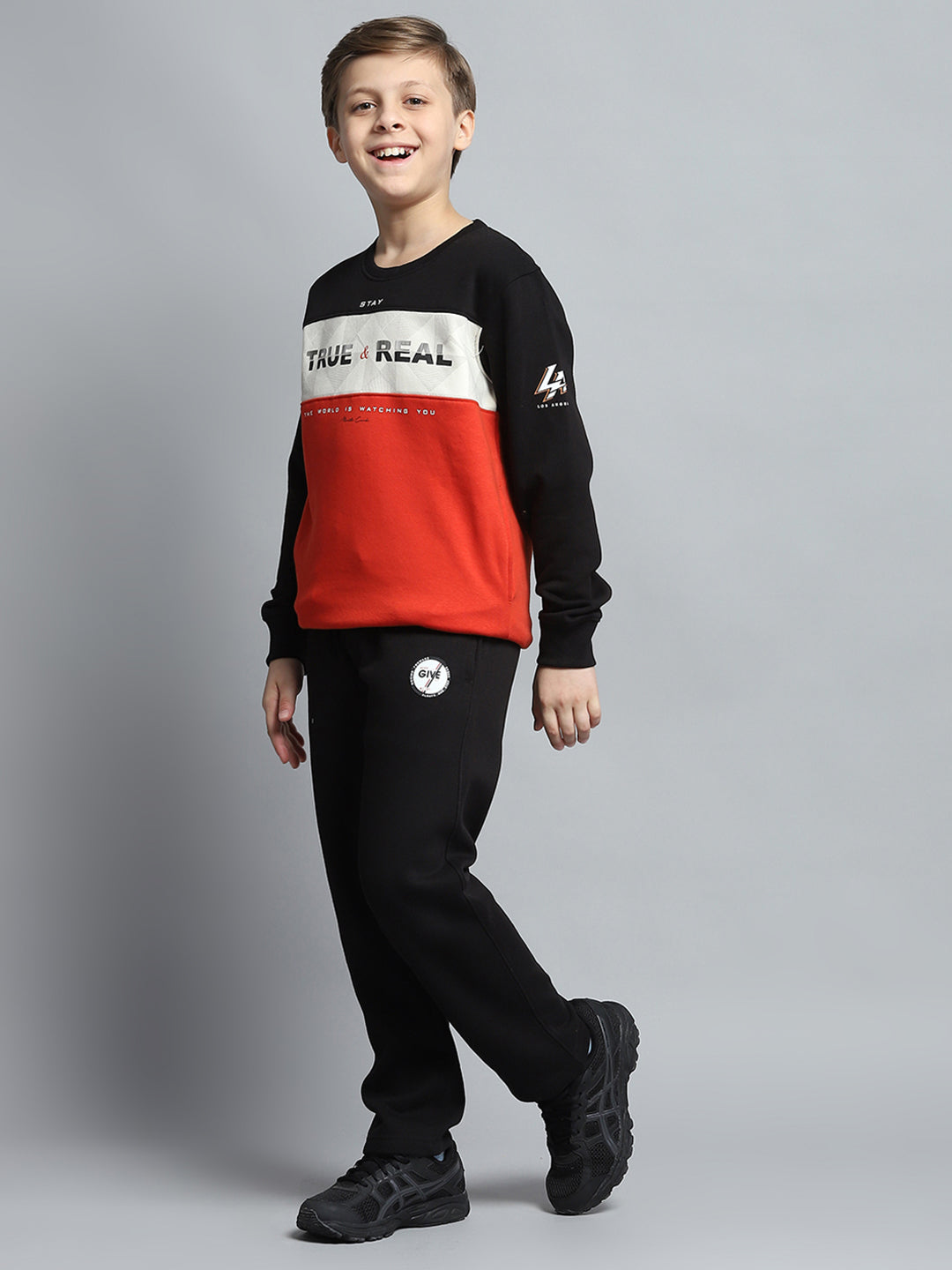 Boys Black Printed Round Neck Full Sleeve Tracksuit