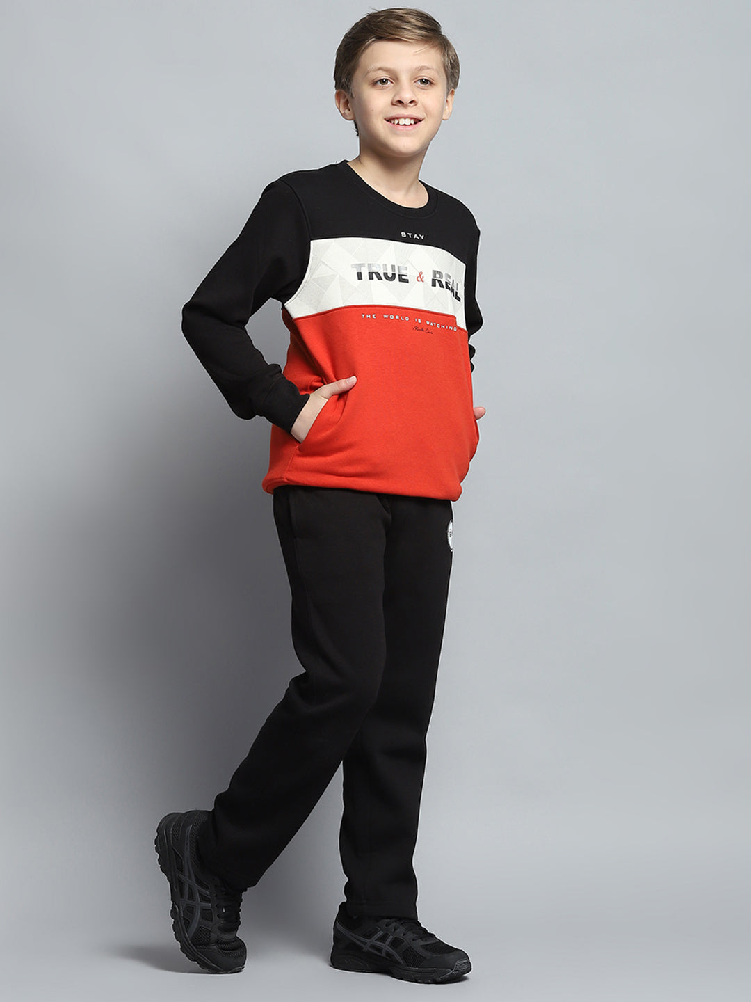 Boys Black Printed Round Neck Full Sleeve Tracksuit