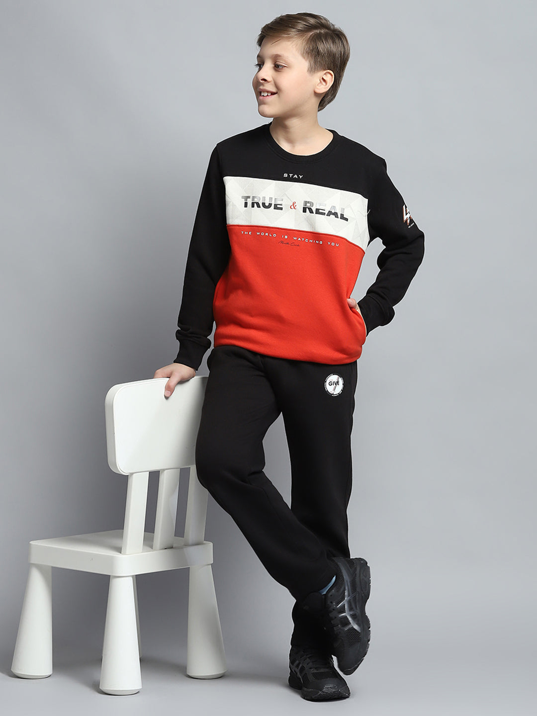 Boys Black Printed Round Neck Full Sleeve Tracksuit