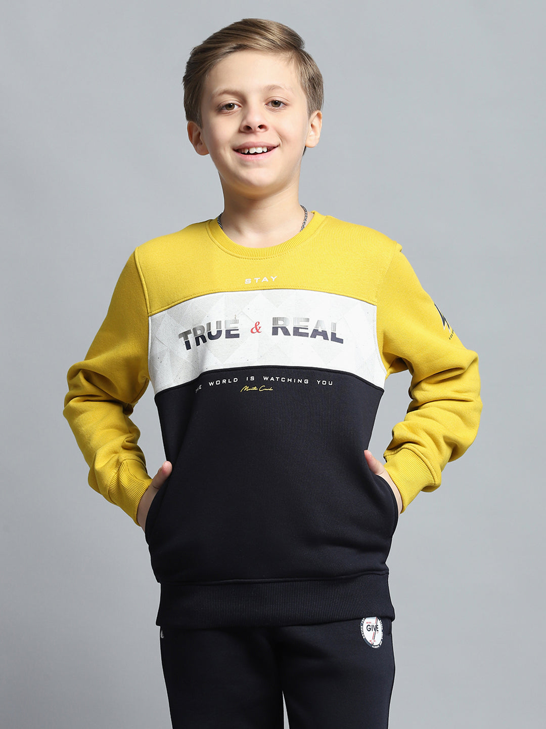 Boys Mustard Printed Round Neck Full Sleeve Tracksuit