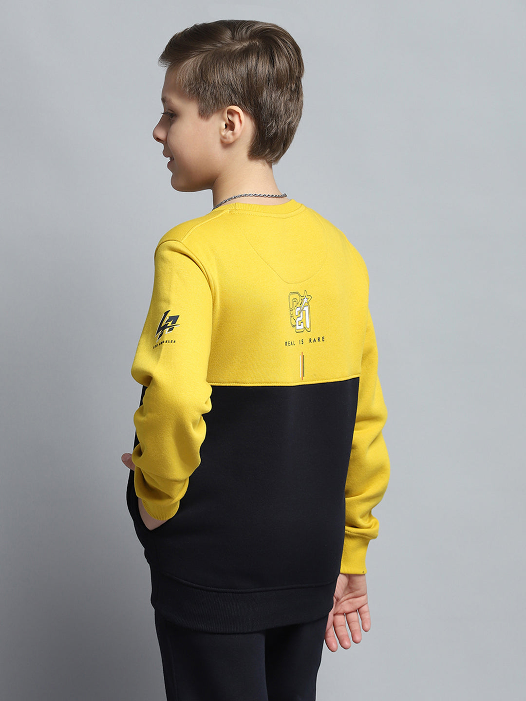 Boys Mustard Printed Round Neck Full Sleeve Tracksuit