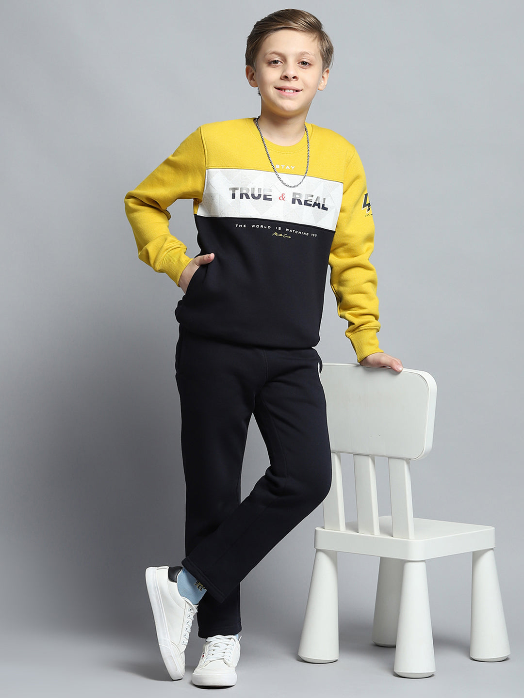 Boys Mustard Printed Round Neck Full Sleeve Tracksuit