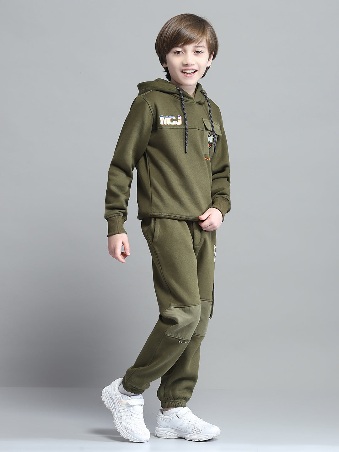 Boys Olive Printed Hooded Full Sleeve Tracksuit