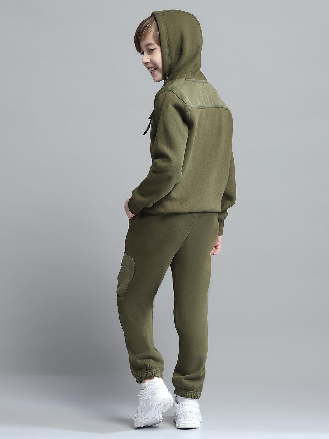 Boys Olive Printed Hooded Full Sleeve Tracksuit