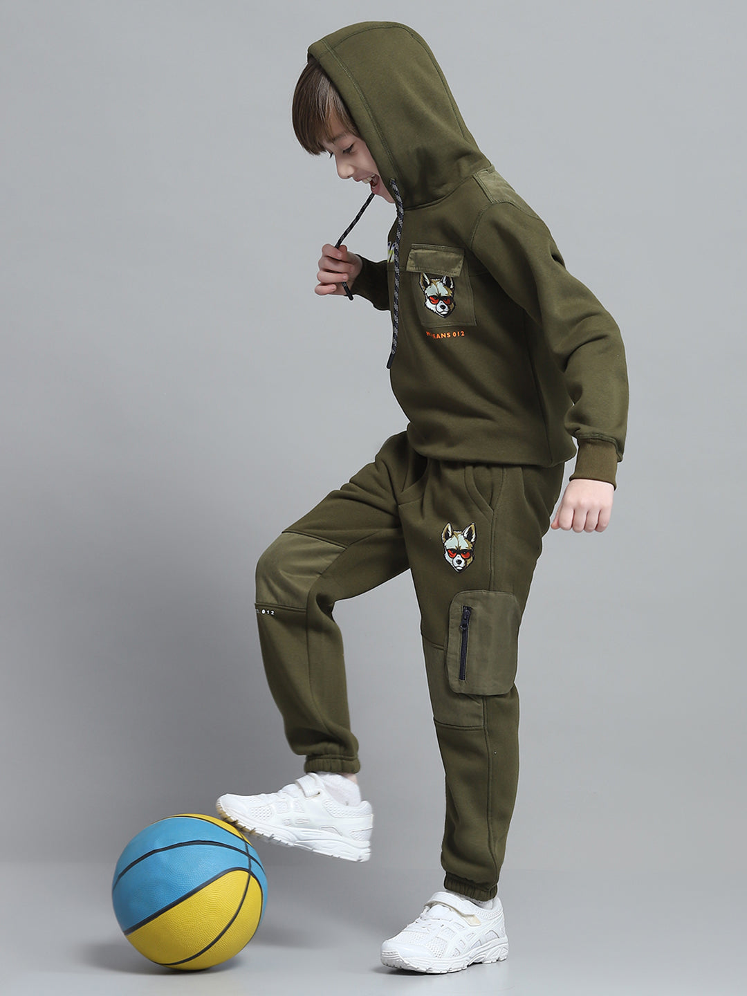 Boys Olive Printed Hooded Full Sleeve Tracksuit