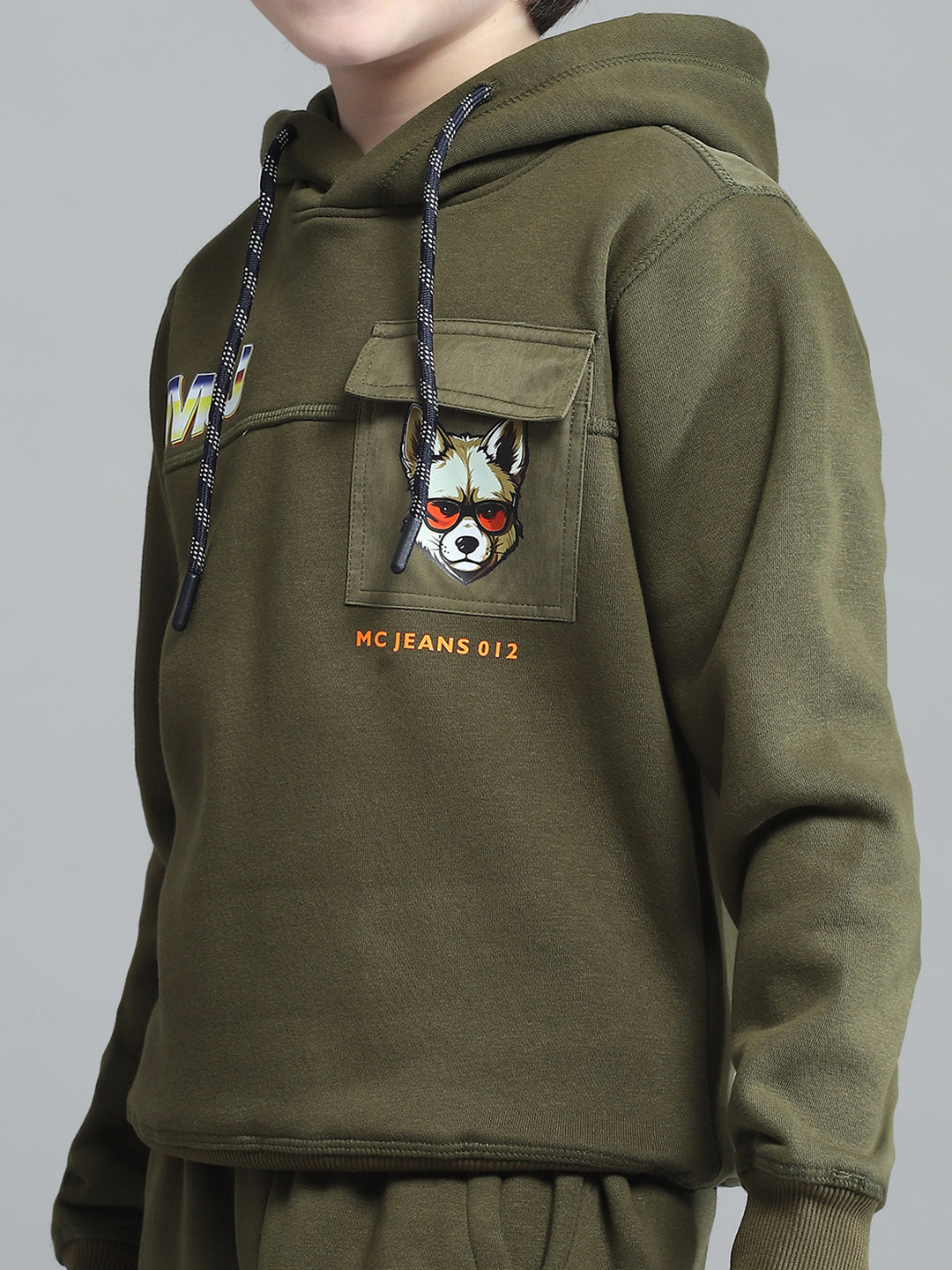 Boys Olive Printed Hooded Full Sleeve Tracksuit