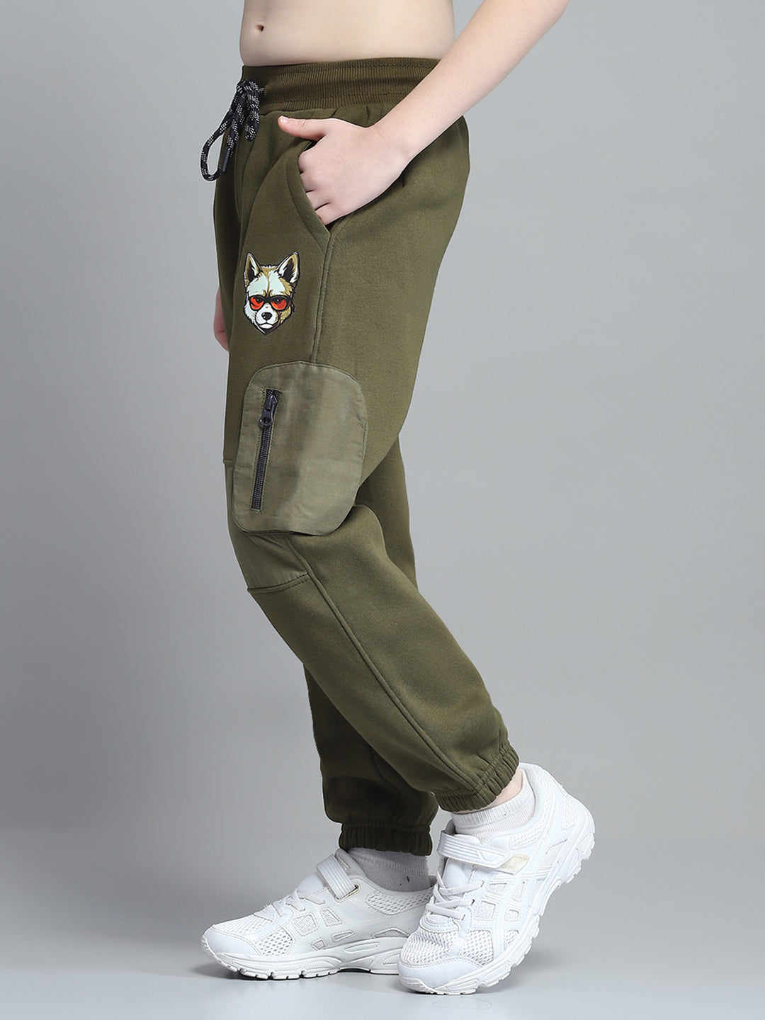 Boys Olive Printed Hooded Full Sleeve Tracksuit
