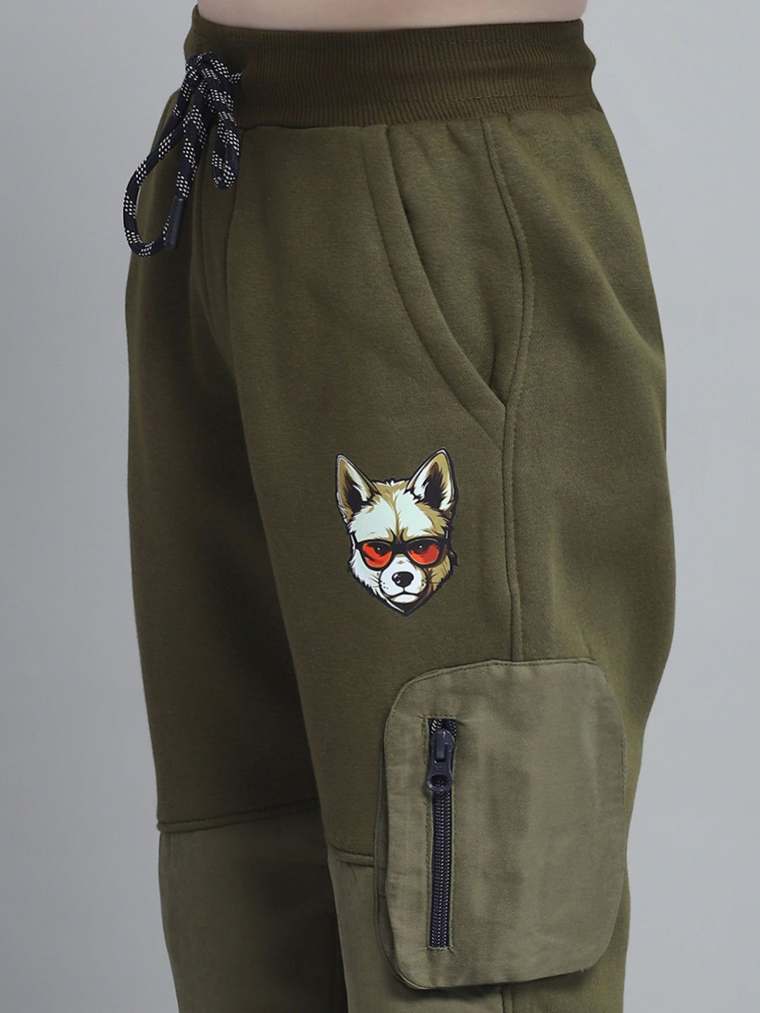 Boys Olive Printed Hooded Full Sleeve Tracksuit